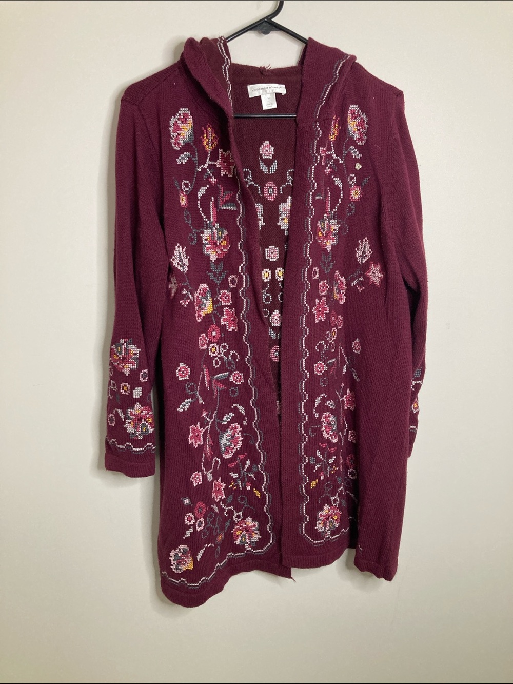 Vintage Christopher & Banks Wine Floral Hooded Cardigan Cottagecore